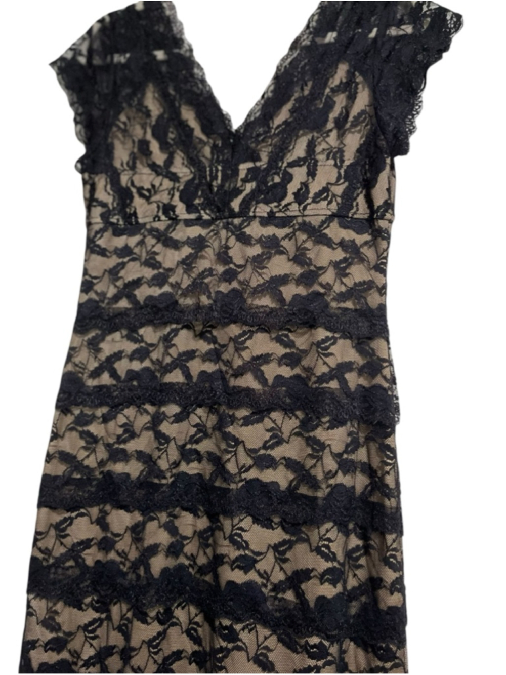 Women's MARINA Black Beige Lace Overlay V-Neck Dress Size 10 - Picture 3 of 8